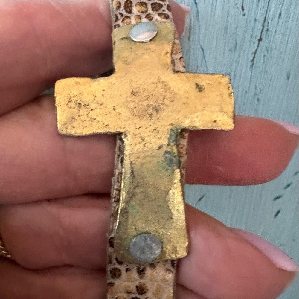 Gold Rugged Artisan Cross on Snake Skin Leather Bracelet